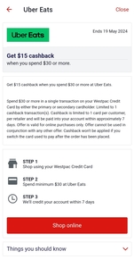 $15 Cashback on Minimum $30 Spend at Uber Eats @ Westpac Rewards
