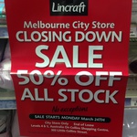 Melbourne City Lincraft Closing down Sale 50% off All Stock