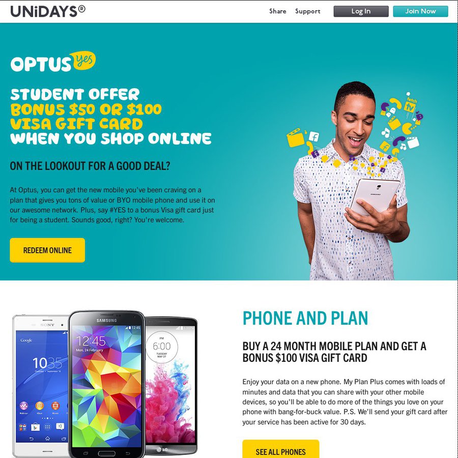 UNiDAYS &amp; Optus Student Offer - Bonus $50 or $100 Visa gift card