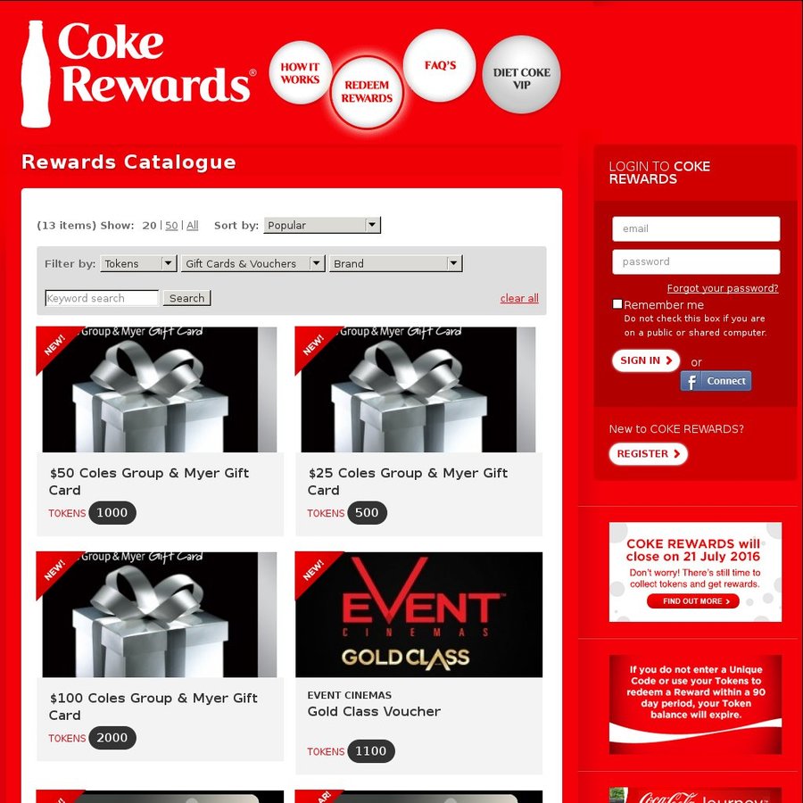 Coke Rewards New Coles / Myer Group Gift Cards (10 200 Tokens & 200 4000 Tokens) OzBargain