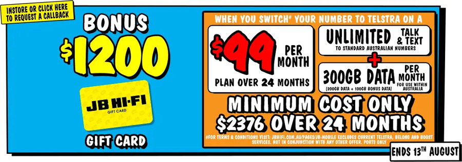 Bonus $1200 Gift Card with Telstra $99/Mo SIM Plan (New Number / Port-In, 24 Month Contract, 200GB + 100GB Data) @ JB Hi-Fi
