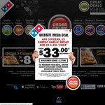 Domino's- Any 3 Pizzas + 2 Garlic Breads + 2x1.25 Lt Cokes $33 Delivered