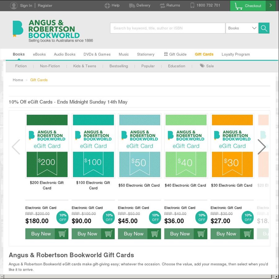 10 off Gift Cards at Angus and Robertson Bookworld OzBargain