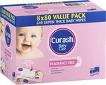 Curash Fragrance Free Baby Wipes 8x 80-Pack $15.99 ($13.59 S&S) + Delivery ($0 with Prime/ $39 Spend) @ Amazon AU