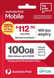 Australia Post Prepaid 365-Day 100GB Mobile Plan $112.50 (25% off ...