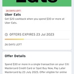 Citi Mastercard: $20 Cashback with $30 Spend at Uber Eats / $10 Cashback with $25 Spend at Domino’s