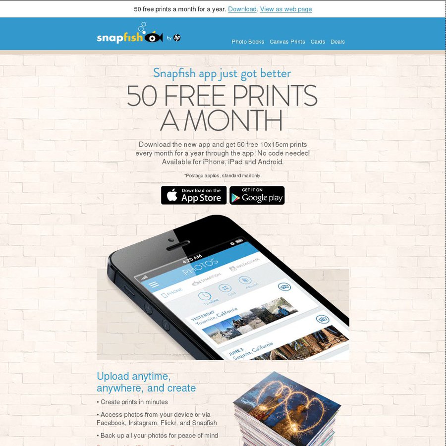free 50 prints 10x15cm a month for 1 year from snapfish postage
