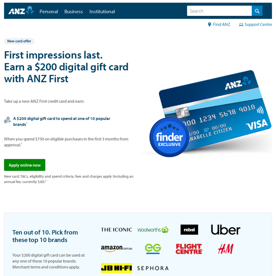 ANZ First Credit Card 200 Digital Gift Card Redeemable At 10 Stores ANZ First Credit Card 200 Digital Gift Card Redeemable At 10 Stores