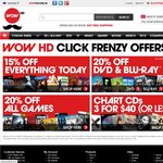 WowHD - 15% off Everything Today, 20% off DVD/BD (Excl Pre-Orders), 20% off Games