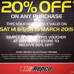 Repco 20% off in Store with Voucher 14-15th March