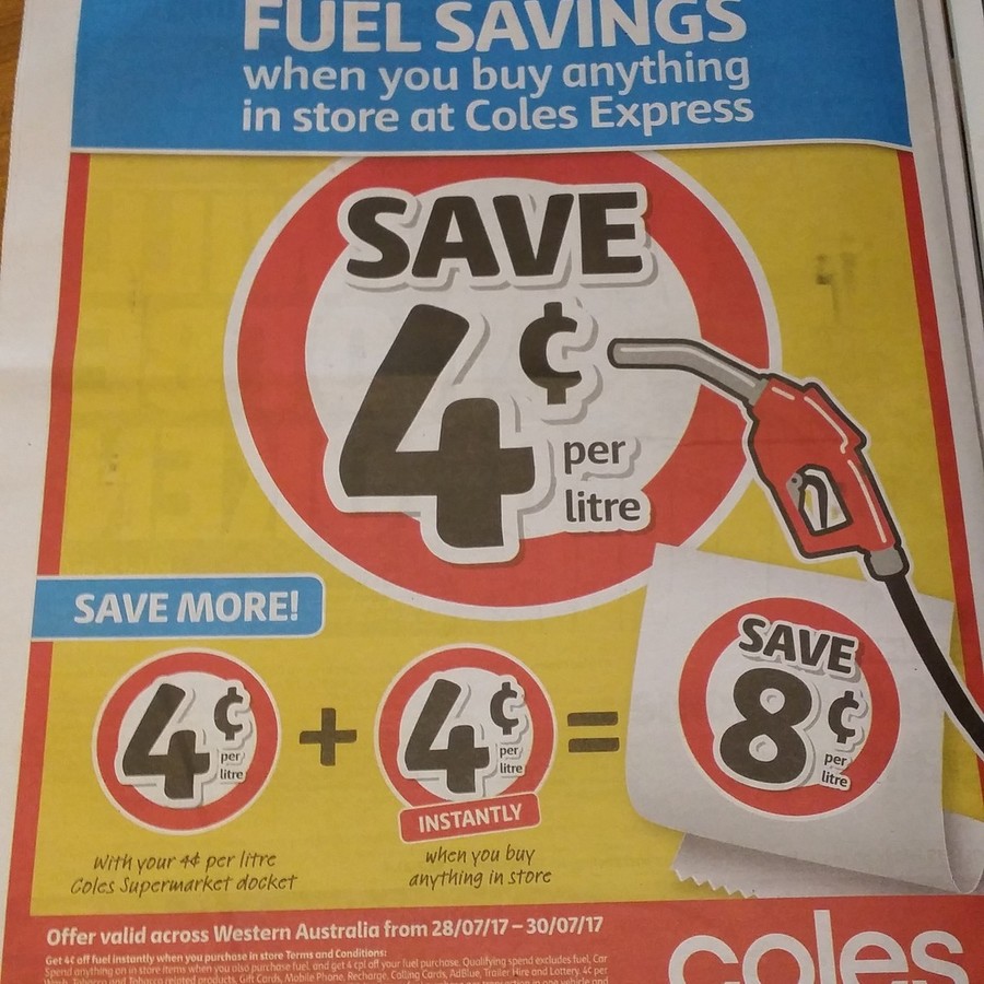 Extra 4c Per Litre Fuel Voucher When You Shop @ Coles Express WA (Accompanied with a Coles 4c ...