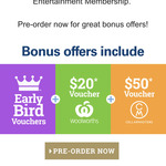 $20 off $220+ Woolworths Online Voucher & $50 off $120+ Cellarmasters Online Voucher with $60-$70 Entertainment Book Pre-Orders