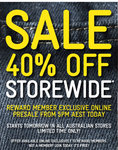 Jeanswest 40% off Storewide Starting Tomorrow (Online Presale from 5pm Today)