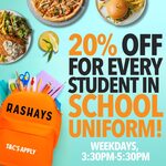 [ACT, NSW, QLD, VIC] 20% off Full Priced Meals for Students Wearing Uniforms (Weekdays Only, 3:30pm to 5:30pm) @ Rashays