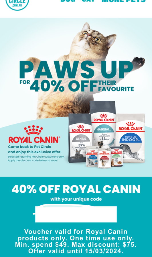 40 off Royal Canin Delivery 0 to Major Areas with 49 Spend