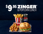 Zinger and Popcorn Lunch (Zinger Burger + Regular Popcorn Chicken + Regular Chips & Drink) $9.95 - Pickup Only @ KFC App/Online