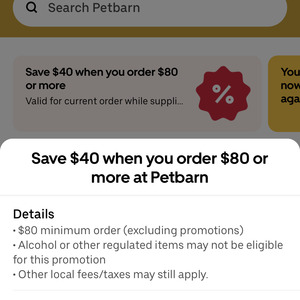 Petbarn: $40 off $80 Spend + Delivery & Fees @ Uber Eats