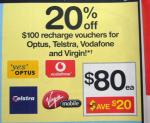 20% off $100 recharge vouchers for Optus, Telstra, Vodafone & Virgin!