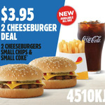 Hungry Jack's: 2 Cheeseburger, Small Drink and Small Chips for $3.95 (QLD, WA, SA Only)