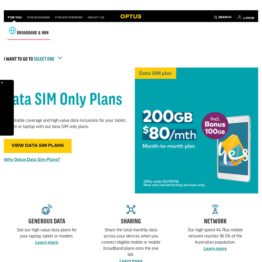 Optus Data Sim. $80 / 100GB + 100GB Bonus Data. Either 12 Month or