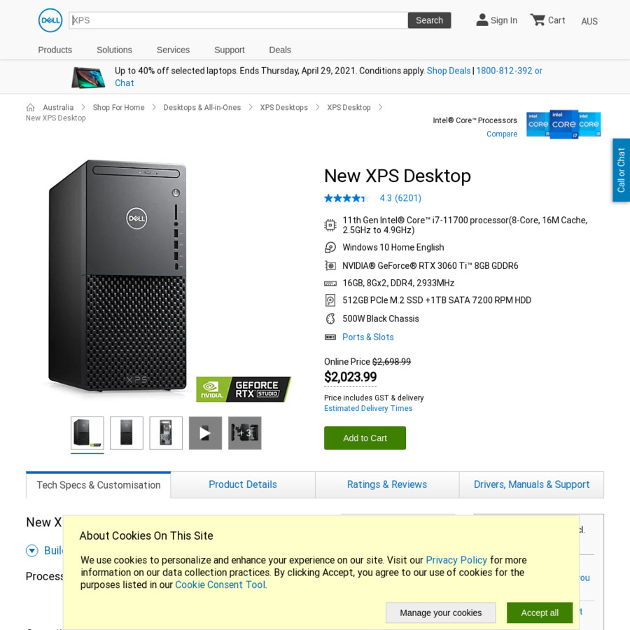 Dell XPS 8940 Desktop PC with Intel Core i7 11700, RTX 3060 Ti