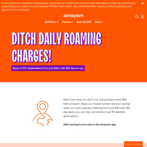 365-Day International Roaming Packs/Add-Ons e.g. 1gb/50sms/50min $20, 5gb/100sms/100min $70 @ amaysim (App Required)