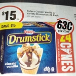 [QLD] Peters Classic Vanilla or Variety Drumsticks 24 Pack $15 ($0.63 Each) @ IGA