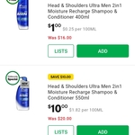 Head & Shoulders Ultra Men 2in1 Moisture Recharge Shampoo and Conditioner 400ml $1 @ Woolworths (Online Only)