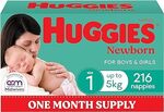 Huggies Newborn and Ultra Dry Nappies One Month Supply: Sizes 1, 3, 4, 5, 6 $60 ($51 S&S) Each Delivered @ Amazon AU