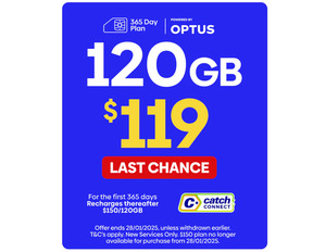 Catch Connect 365-Day Prepaid Mobile Plan 120GB $109 Delivered (Was $150) @ Catch (New Services)