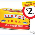 45% off Sirena Tuna 185g Varieties $2.00 at Coles (Starts Wed)