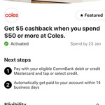 Coles $5 Cashback for $50 Spend - CommBank App Rewards