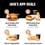 Jack's Brekky Roll Meal, BBQ Brekky Wrap Meal, Bacon & Egg Muffin Meal, Ham & Cheese Toastie Meal $5ea @ Hungry Jack's via App