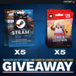 Win 1 of 5 Steam $25 Gift Cards or 1 of 5 League of Legends $25 RP Points Gift Cards from Kanga Esports