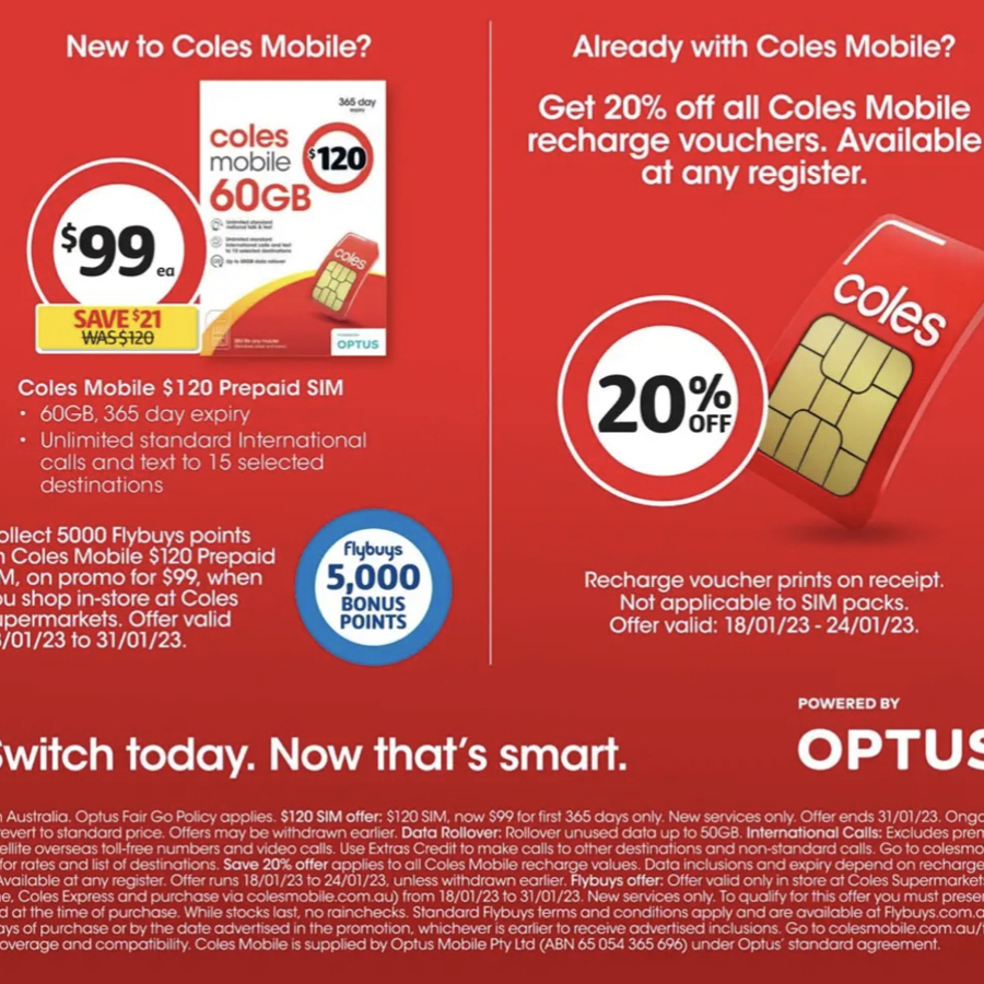 Coles Mobile 365 Days Plans 60GB 99 Bonus 5000 Flybuys Points coles-mobile-365-days-plans-60gb-99-bonus-5000-flybuys-points