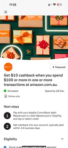 Amazon AU: Get $10 Cashback When You Spend $100 or More in One or More Transactions @ Commbank Yello (Activation Required)