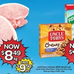 1/2 Price Mid Loin Pork Chops $8.49/kg & Uncle Tobys Muesli Bars 6 Pack  $1.75 @ Woolies 16/7