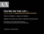 20% off Armani Exchange this weekend 10th Oct Friday  - 12th Oct Sunday