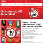 Coles Buy 2 Eligible Products, Get $10 off Next $50 Purchase