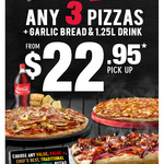 Domino's - Any 3 Pizzas + Garlic Bread + 1.25lt Drink $22.95 Pick up until 10 November