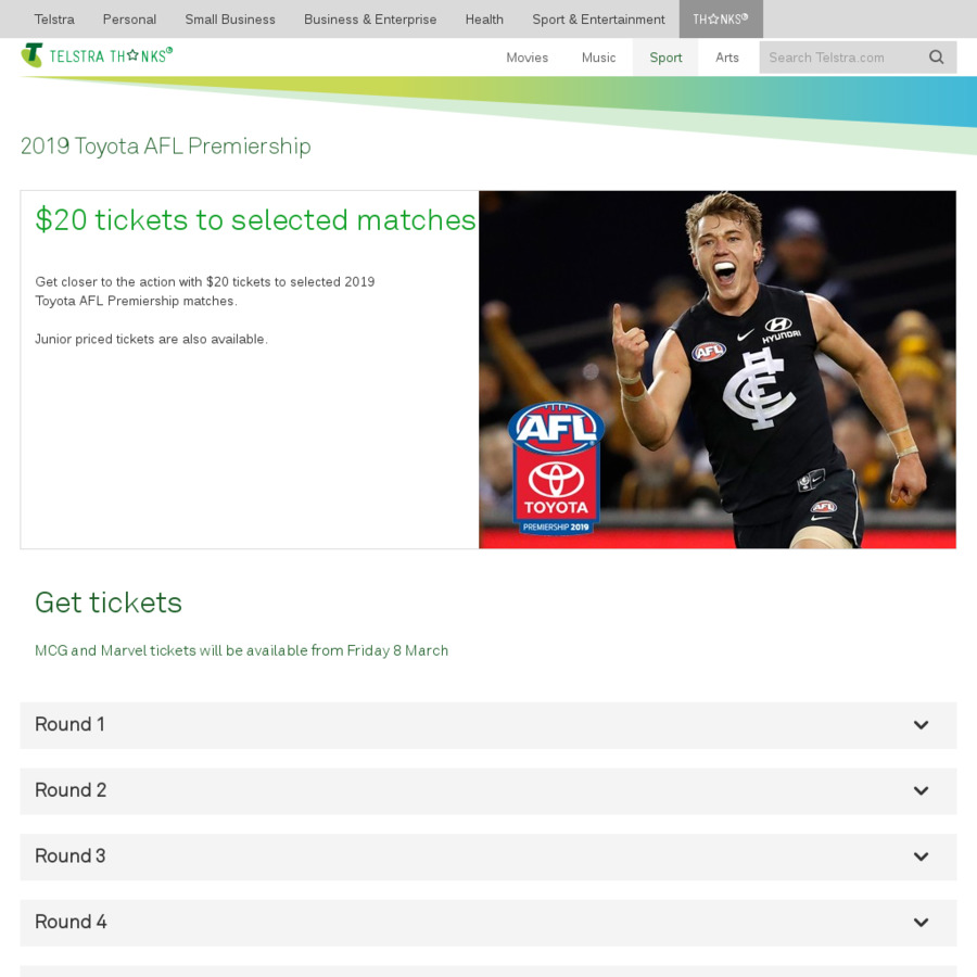 AFL Tickets (Selected Matches) 20 (+BF) Ticketek Via Telstra