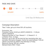 [VIC] Take 2 Trips within 14 Days, Get 50% off Next Ride - Take 7, Get 3x 50% off (Up to $25 off Each, Valid 5 Days) @ DiDi Melb