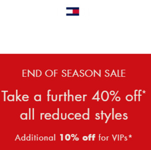 Extra 40% off Already Reduced Styles + Additional 10% off for VIP + $7.95 Delivery (Free over $100 Order) @ Tommy Hilfiger