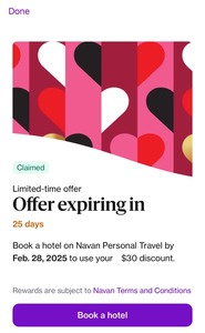 Book an Eligible Hotel for US$30 (~A$48.46) Personal Travel Credit @ Navan (Company Sign Up Required)