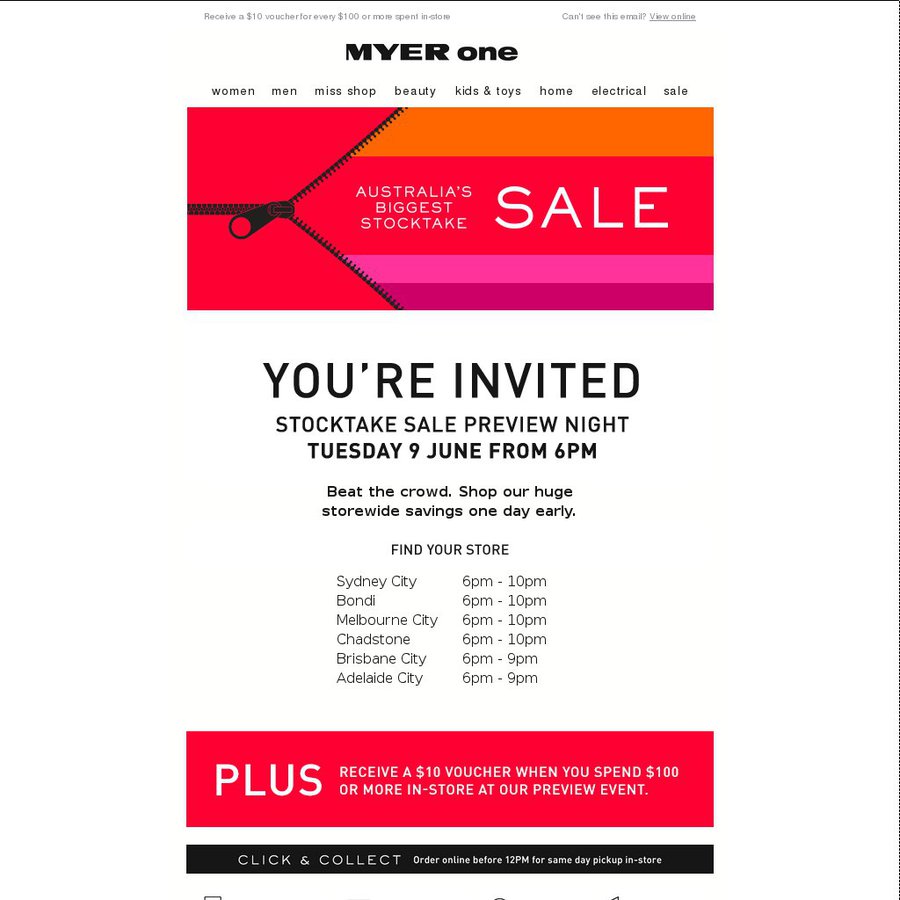 Myer Stocktake Sale Preview Night Receive a $10 Voucher ...