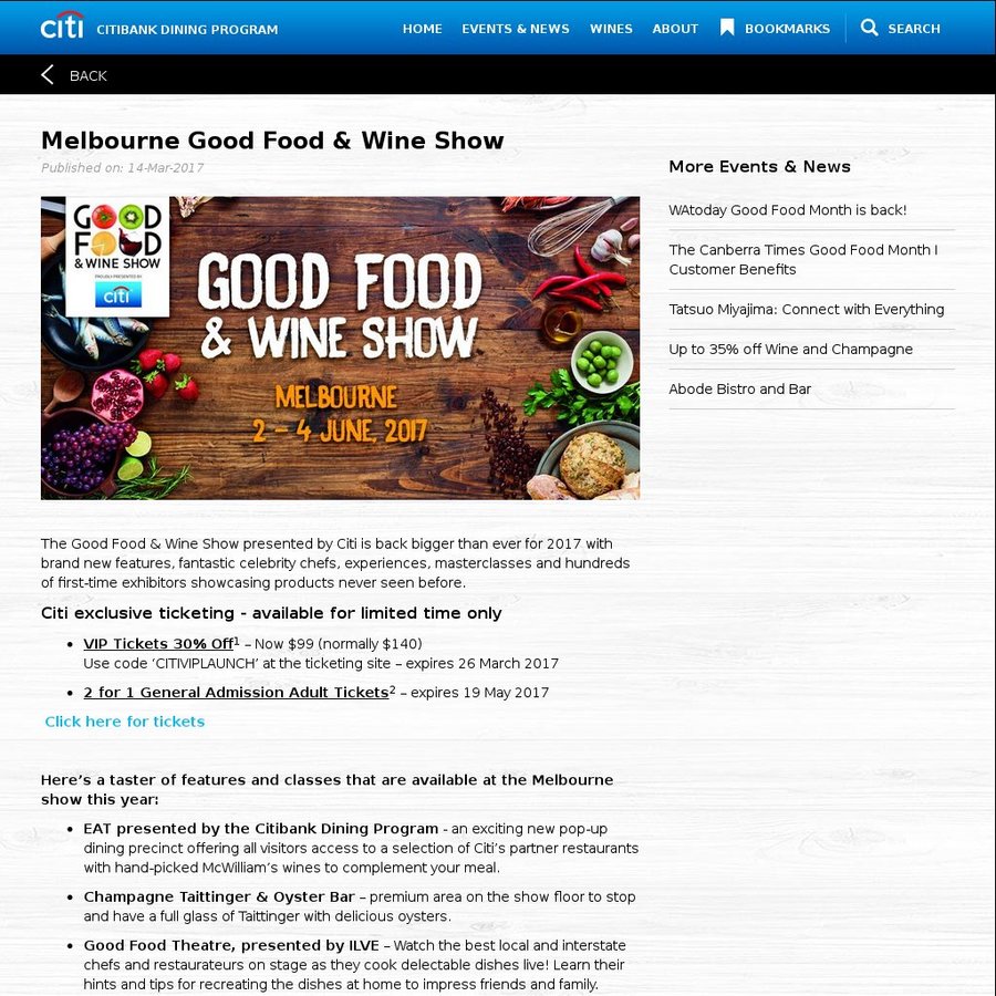 [Sydney/Melbourne] Good Food and Wine Show Tickets GA 2 for 1, VIP