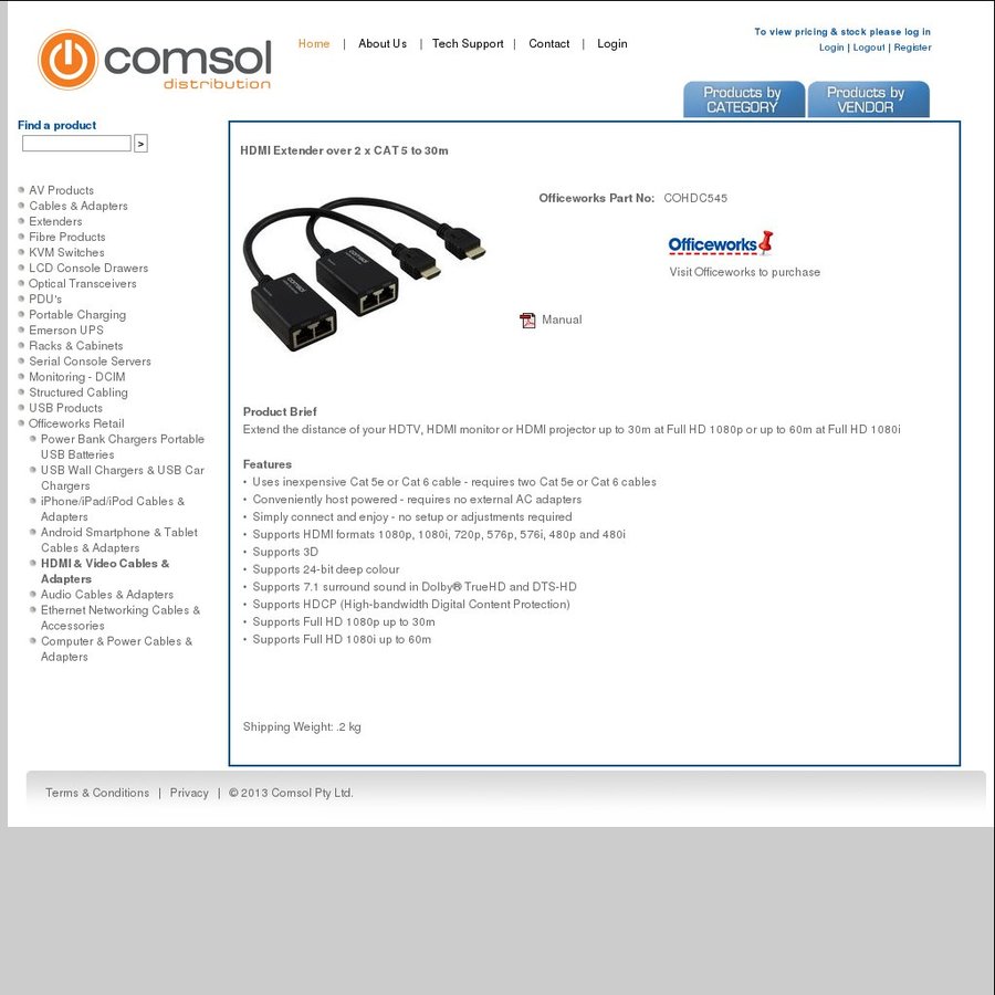 Comsol HDMI Extender (over 2x Cat5/6) 1 Officeworks inStore Only OzBargain