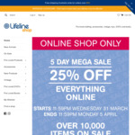 25% off Sitewide + Delivery (Free with $50 Spend) Online Only @ Lifeline Queensland