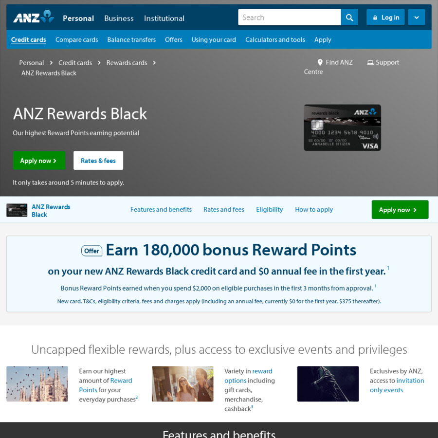 ANZ Rewards Black Credit Card: Earn 180,000 Reward Points (Worth $800) with $2,000 Min Spend in ...