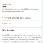 Uber: Get $10 Back with $30 Spend @ Citibank